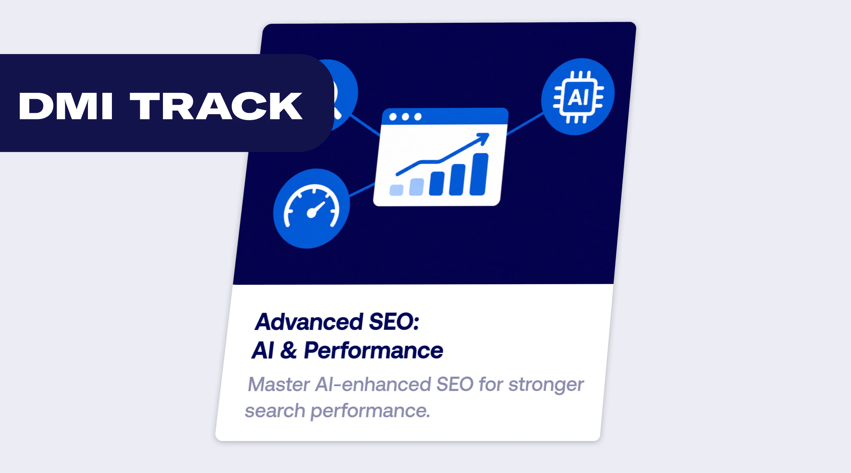 Graphic illustrating AI-enhanced SEO with a performance gauge, AI chip, and growth chart, titled "Advanced SEO: AI & Performance."